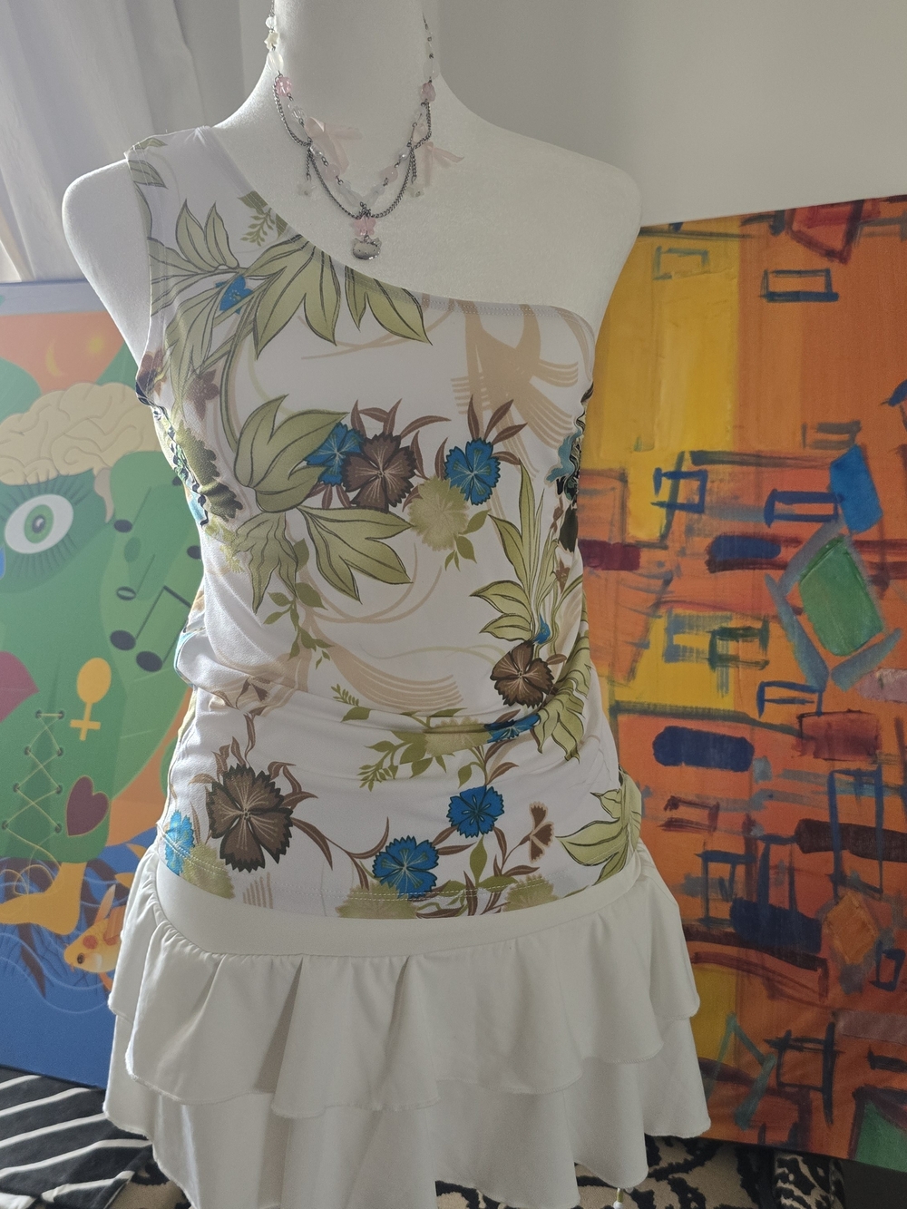 Vtg Dynamite Floral One Shoulder Top Asymmetrical Y2K Fairycore Earthy M